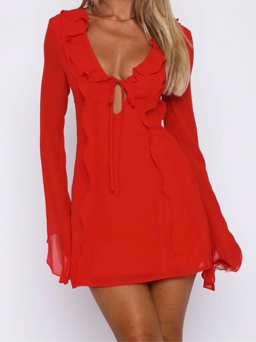 White Fox Falling To Pieces Long Sleeve Mini Dress Red Size M
